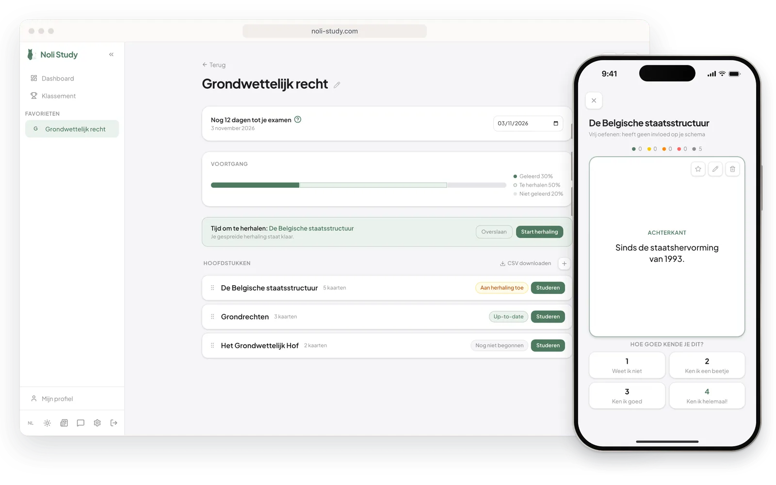 Noli Study op laptop en gsm: een cursus met examenaftelling en voortgang, en een flashcard met de vraag hoe goed je het antwoord kende